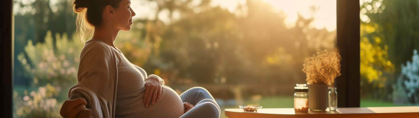 Zwangere vrouw ontspant thuis met een potje supplementen, kijkend naar een vredige tuin